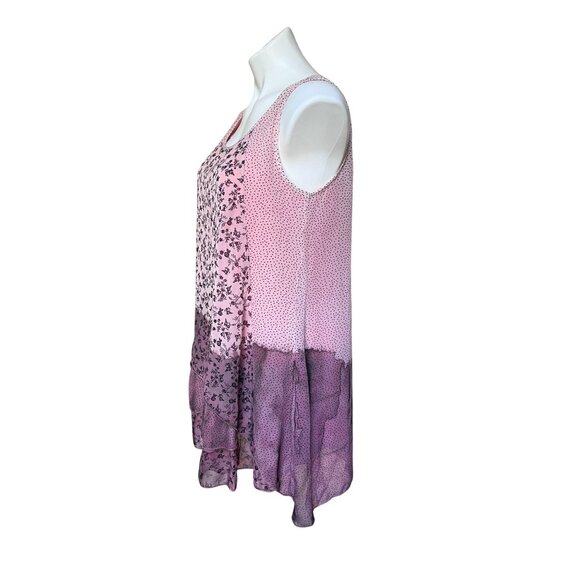 Y2K Fairycore Pink Floral & Polka Dot Chiffon Tunic Top With Asymmetrical Hem - Picture 3 of 8